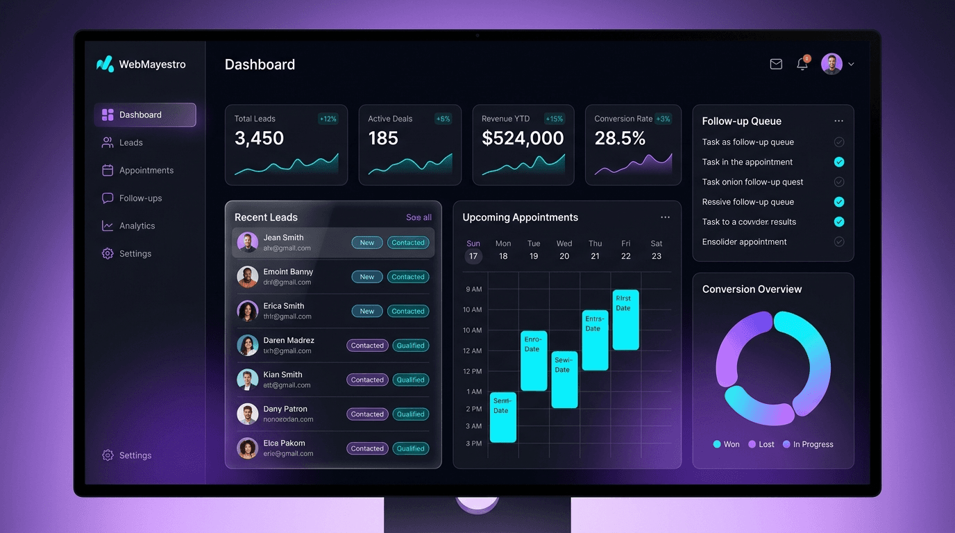 WebMayestro dashboard preview with leads appointments and follow-up metrics